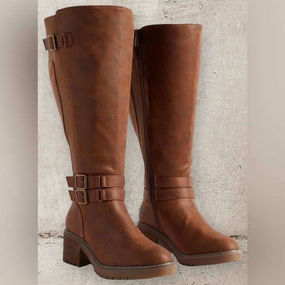 torrid Shoes - Torrid, Sz 9, Cognac, Lug Stacked Heel Buckle Knee
Boot (WW) - NWT